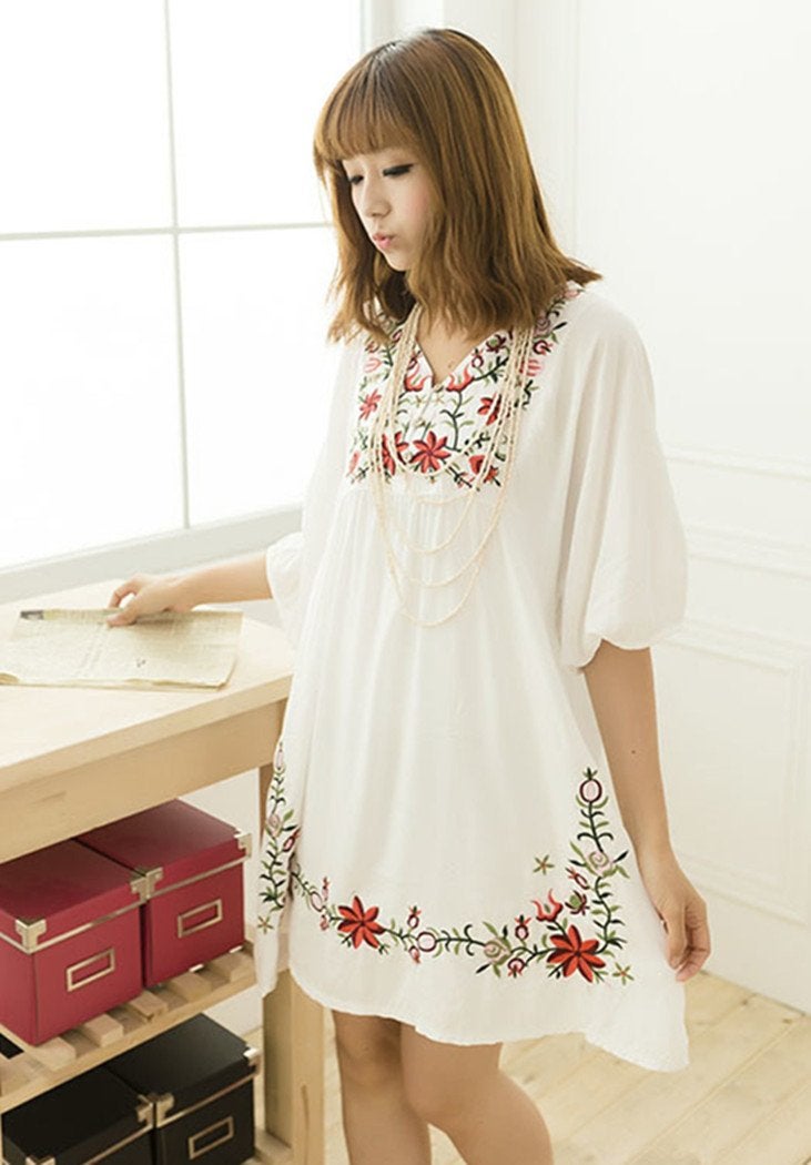 Kafeimali Women's Summer Mini Dress Bohemian Embroidery Tunic Shift Blouse (White) - Image 3